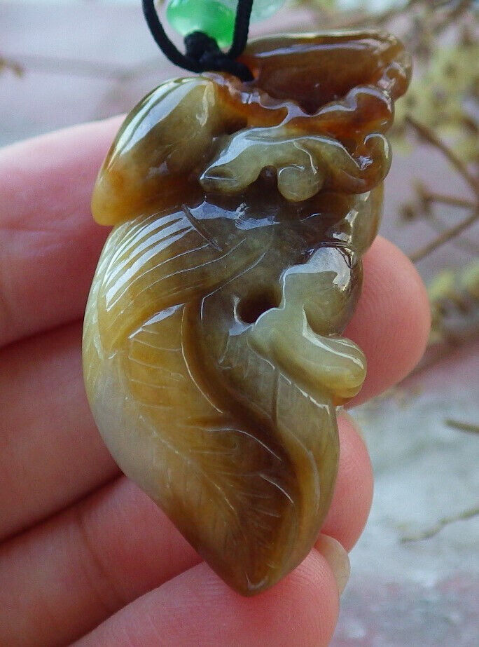 Certified Yellow Burma 100% Natural A Jade jadeite Pendant Phoenix Bird Necklace 凤凰 633176 TN