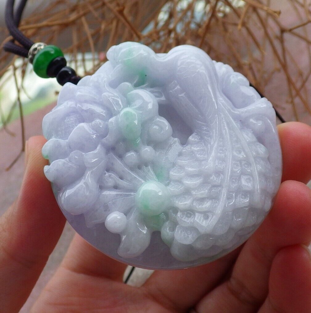 Certified Green Pale Lavender 100% Natural A Jade jadeite Pendant Phoenix Peacock Flower Circle Necklace 孔雀 520800 **TN