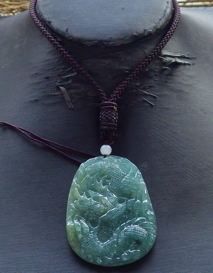 Certified Icy Green Burma 100% Natural A Jade jadeite Pendant Dragon Necklace 生意兴隆 574741 TN