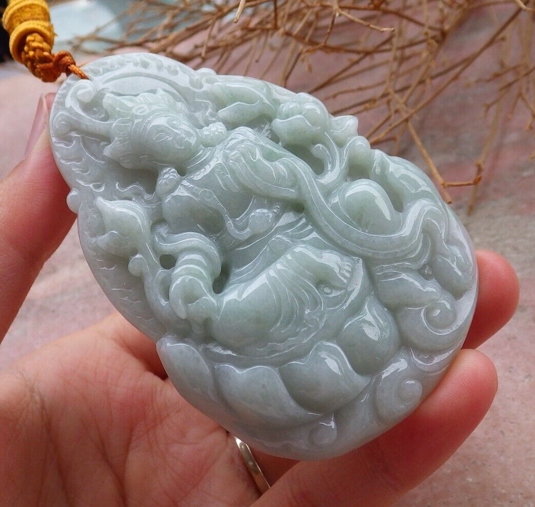 Certified Green 100% Natural A Jade jadeite pendant Guanyin Kwan Yin Lotus Flower Necklace 观音 519924 TN