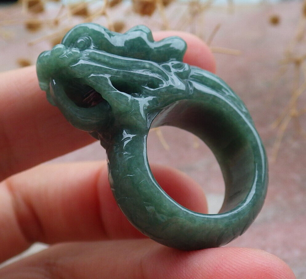 Certified Green Burma 100% Natural A JADE Jadeite Dragon RING USA. 6.5 龙戒指 636824 TN