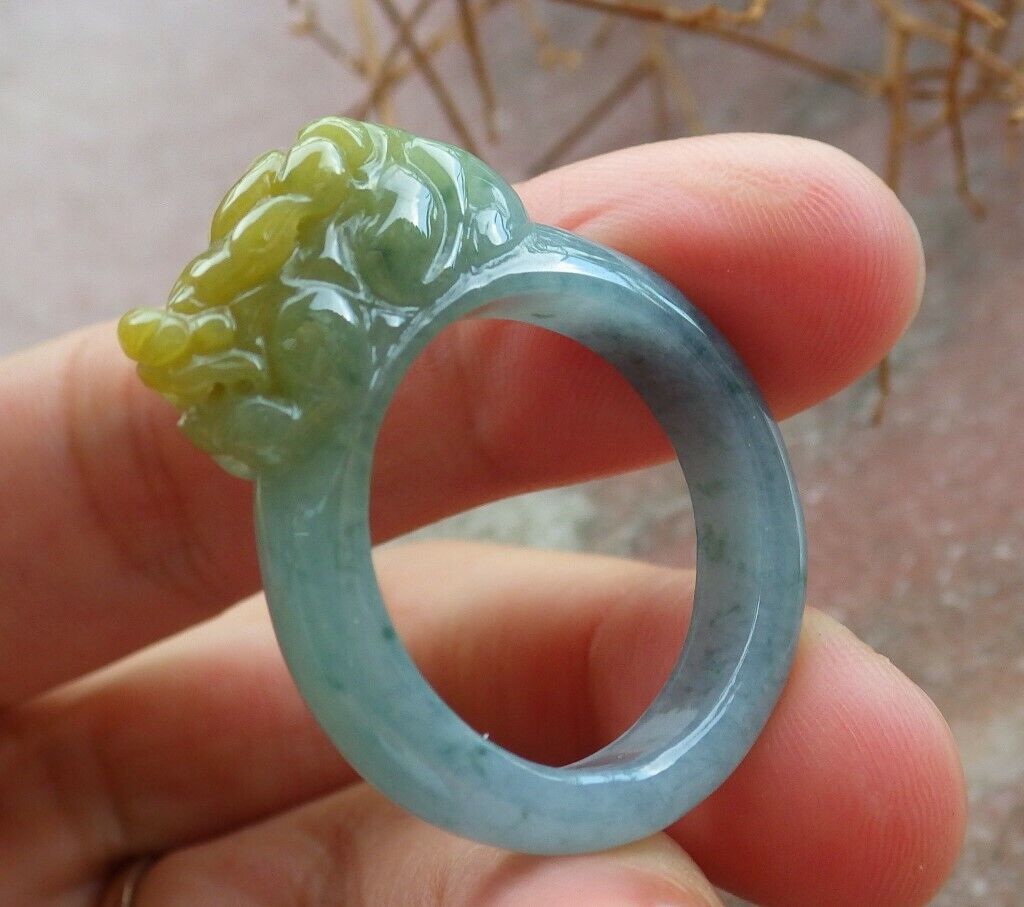 Certified Icy Yellow Green 100% Natural A JADE Jadeite Dragon Pi Xiu RING USA. 9.25 戒指 523559 TN