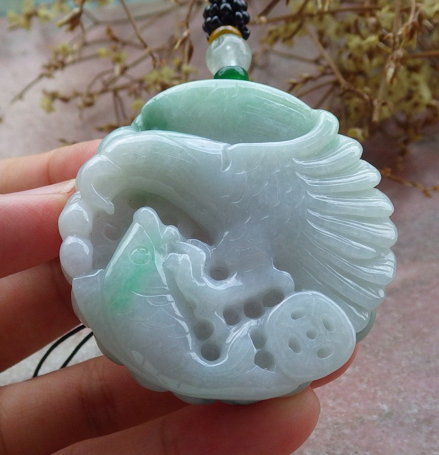 Certified Green Burma 100% Natural A Jade jadeite Pendant Eagle Fish Coin Necklace 大展宏图 630322 TN