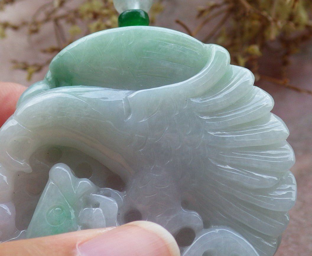 Certified Green Burma 100% Natural A Jade jadeite Pendant Eagle Fish Coin Necklace 大展宏图 630322 TN