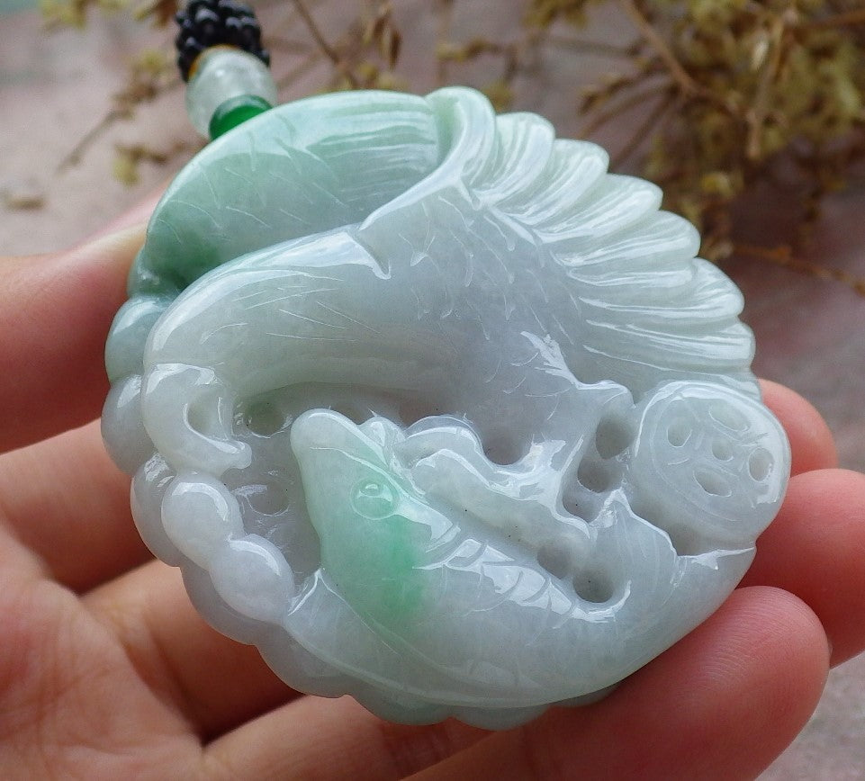 Certified Green Burma 100% Natural A Jade jadeite Pendant Eagle Fish Coin Necklace 大展宏图 630322 TN