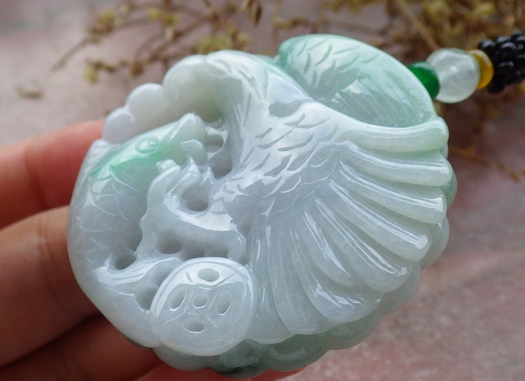 Certified Green Burma 100% Natural A Jade jadeite Pendant Eagle Fish Coin Necklace 大展宏图 630322 TN