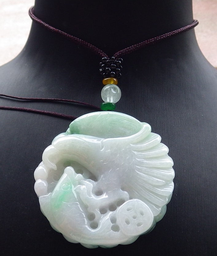 Certified Green Burma 100% Natural A Jade jadeite Pendant Eagle Fish Coin Necklace 大展宏图 630322 TN