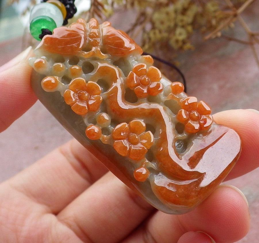 Certified Red Burma 100% Natural A Jade jadeite Pendant Butterfly Flower Necklace 蝴蝶 花开富贵 630436 TN
