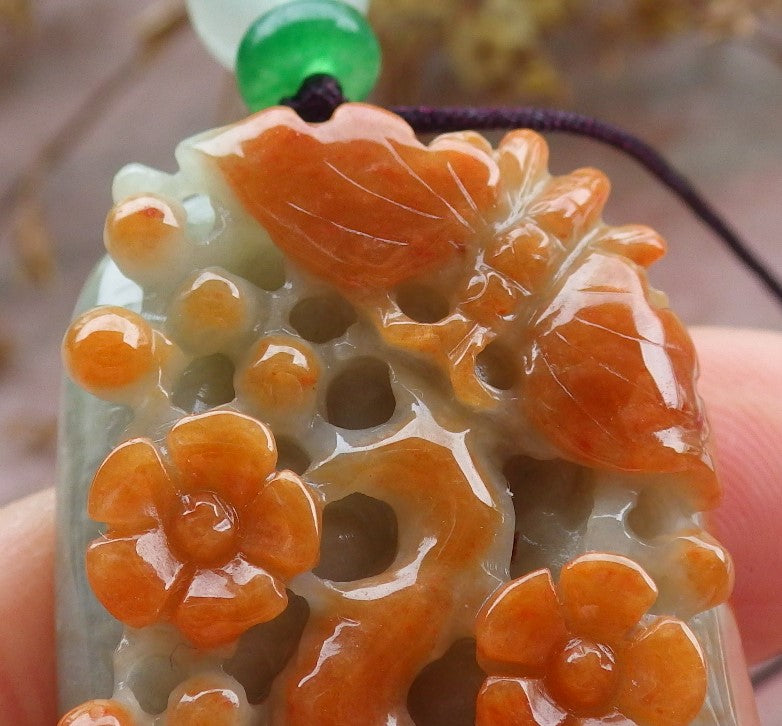 Certified Red Burma 100% Natural A Jade jadeite Pendant Butterfly Flower Necklace 蝴蝶 花开富贵 630436 TN