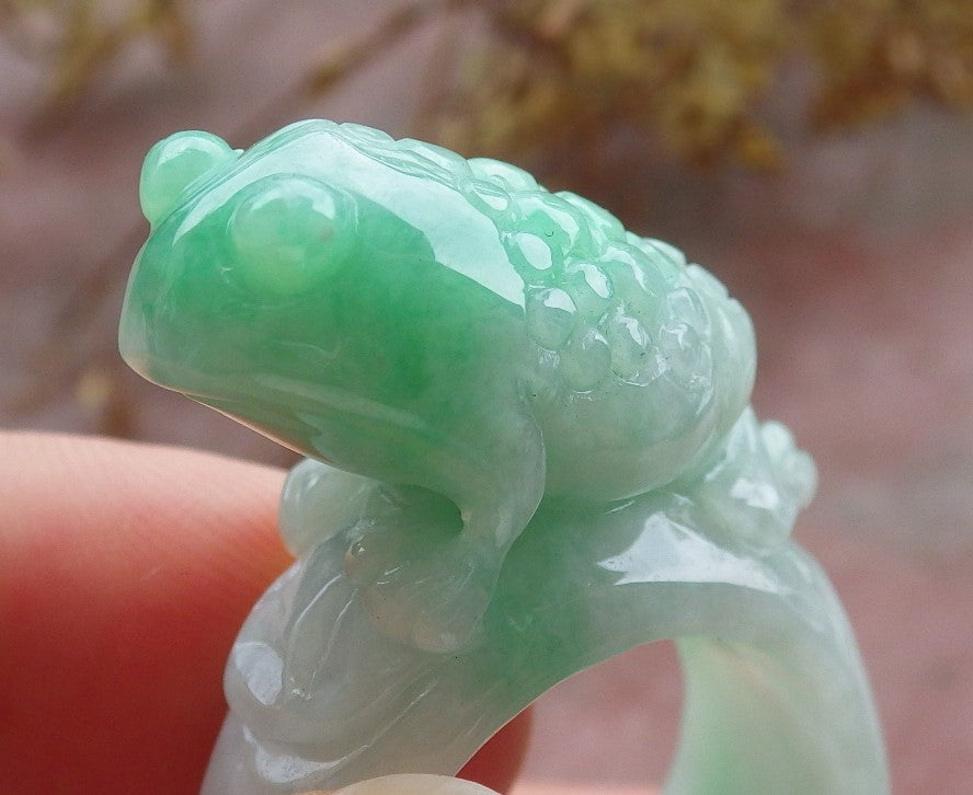 Certified Green Burma 100% Natural A JADE Jadeite Frog Toad Money Coin RING USA. 8.5 戒指 630445 TN