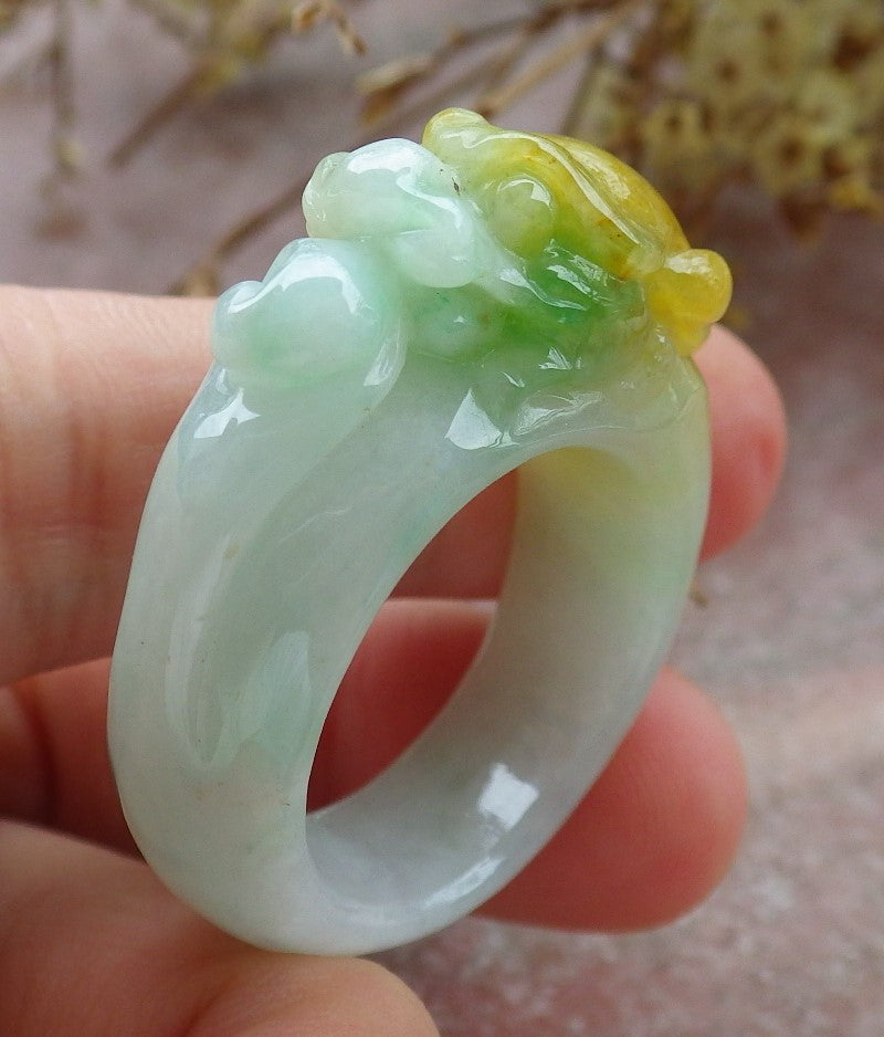 Certified Yellow Green Burma 100% Natural A JADE Jadeite Dragon RING USA. 11.25 龙戒指 630577 TN