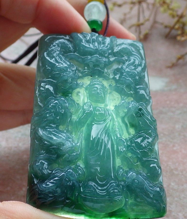 Certified Icy Green Burma 100% Natural A Jade jadeite Pendant Shakyamuni Buddha God 9 Dragon Necklace 释迦牟尼 630742 TN