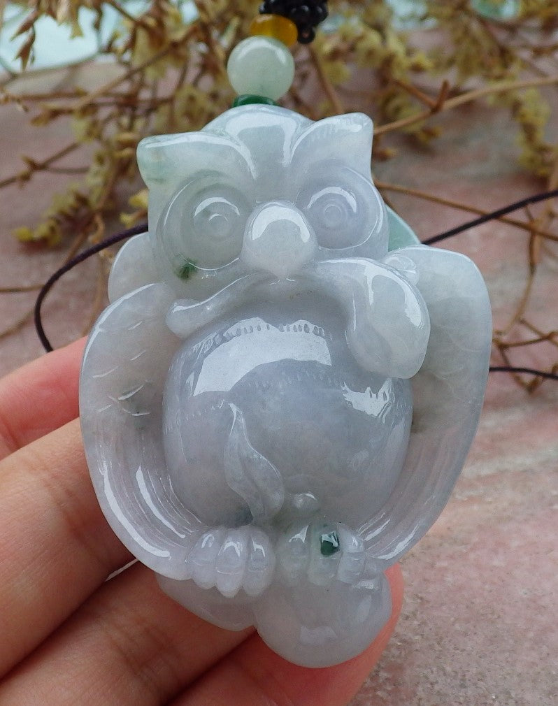 Certified Green Burma 100% Natural A Jade jadeite Pendant Owl Peach Ruyi Necklace 猫头鹰 630878 TN