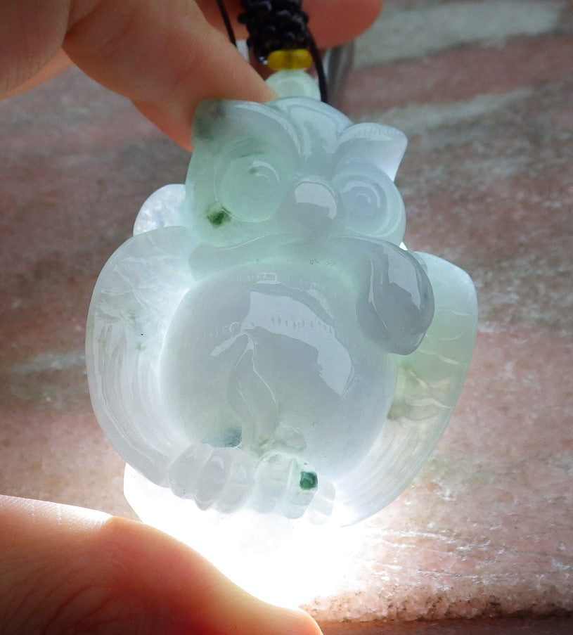 Certified Green Burma 100% Natural A Jade jadeite Pendant Owl Peach Ruyi Necklace 猫头鹰 630878 TN