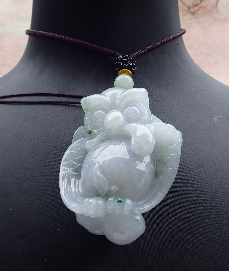 Certified Green Burma 100% Natural A Jade jadeite Pendant Owl Peach Ruyi Necklace 猫头鹰 630878 TN