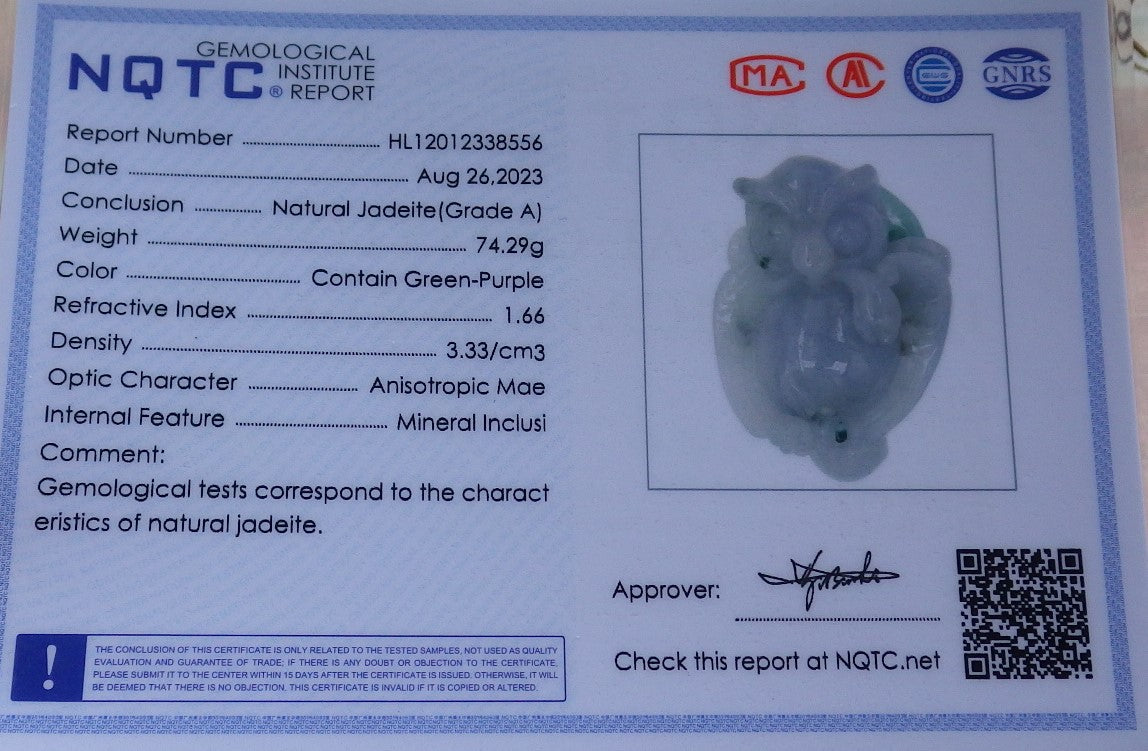 Certified Green Burma 100% Natural A Jade jadeite Pendant Owl Peach Ruyi Necklace 猫头鹰 630878 TN