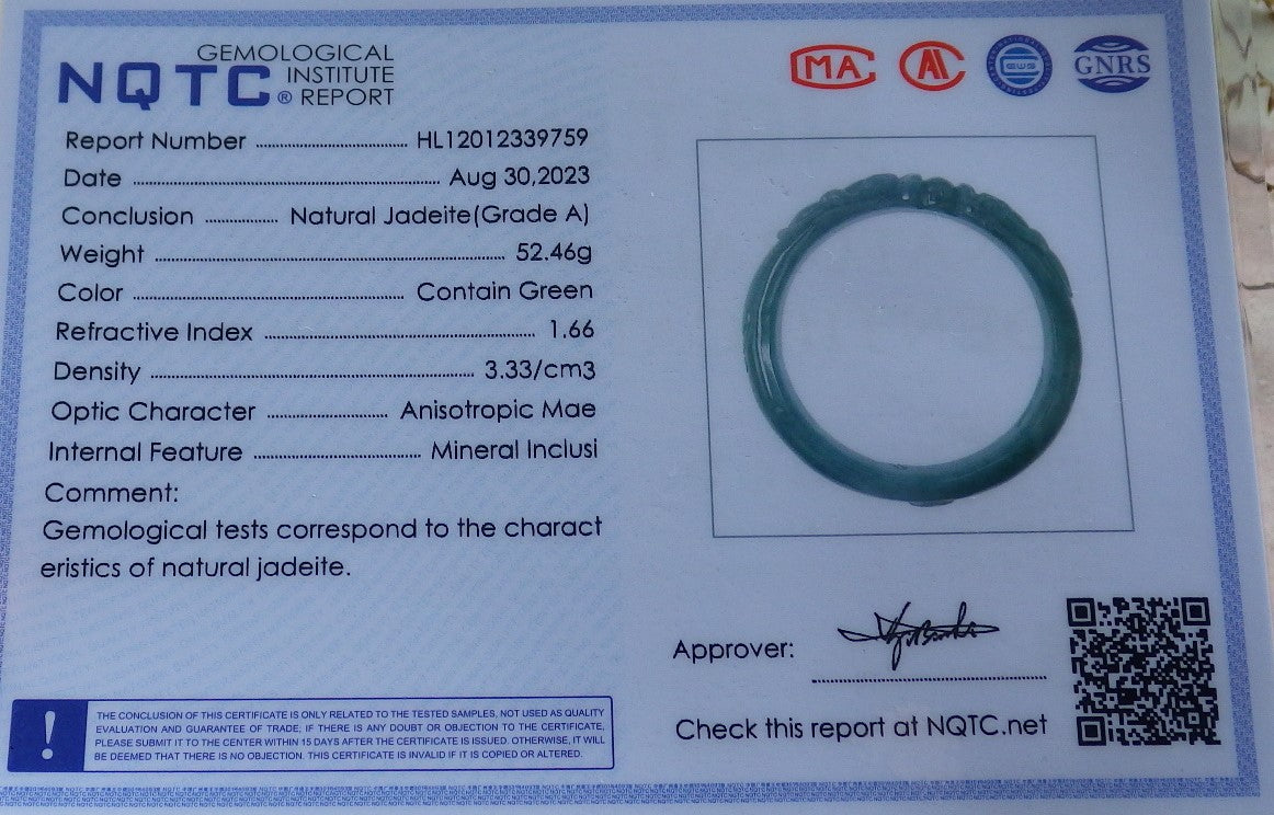 Certified Burma JADE Jadeite Dragon Bangle Bracelet 63 mm 631077 TN