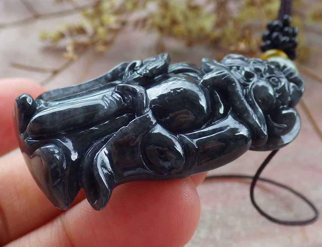 Certified Black Burma 100% Natural A Jade jadeite pendant Zhong Kui God Sword Fan Necklace 钟馗 631116 TN