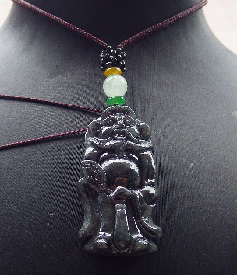 Certified Black Burma 100% Natural A Jade jadeite pendant Zhong Kui God Sword Fan Necklace 钟馗 631116 TN