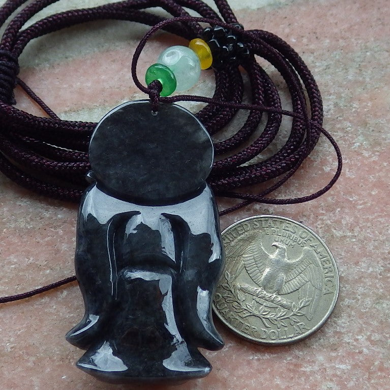 Certified Black Burma 100% Natural A Jade jadeite pendant Zhong Kui God Sword Fan Necklace 钟馗 631116 TN