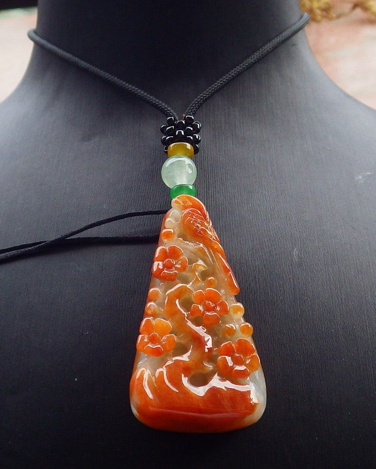 Certified Red Burma 100% Natural A Jade jadeite Pendant Phoenix Bird Flower Necklace 鸟语花香 631209 TN