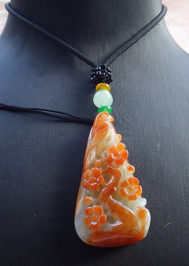 Certified Red Burma 100% Natural A Jade jadeite Pendant Phoenix Bird Flower Necklace 鸟语花香 631282 TN