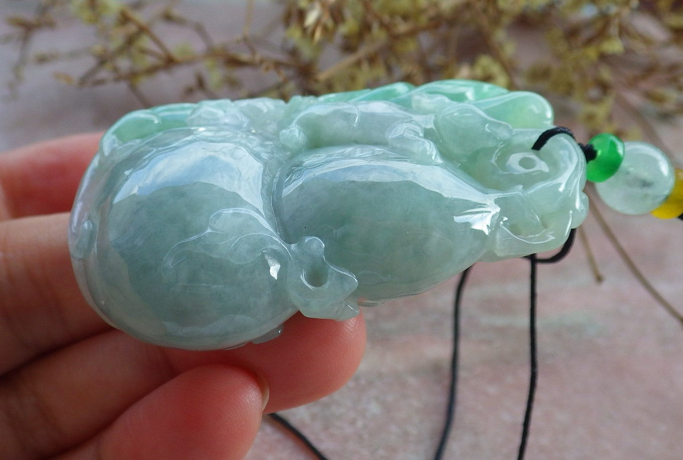 Certified Green Burma 100% Natural A Jade jadeite Pendant Mouse Bat Gourd Necklace 发财鼠 631326 TN