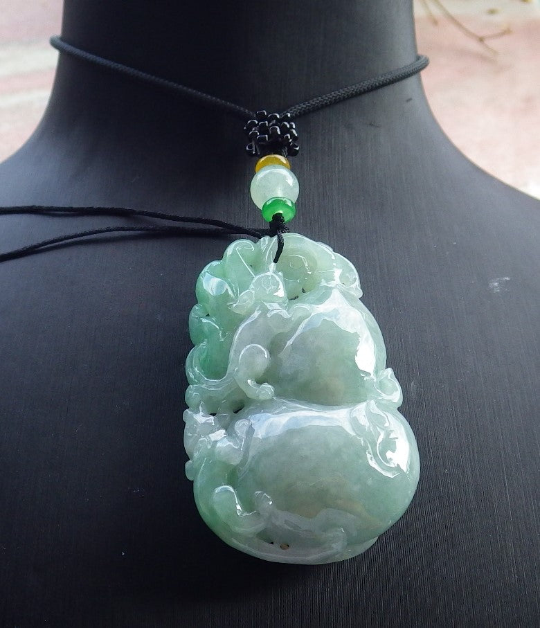 Certified Green Burma 100% Natural A Jade jadeite Pendant Mouse Bat Gourd Necklace 发财鼠 631326 TN