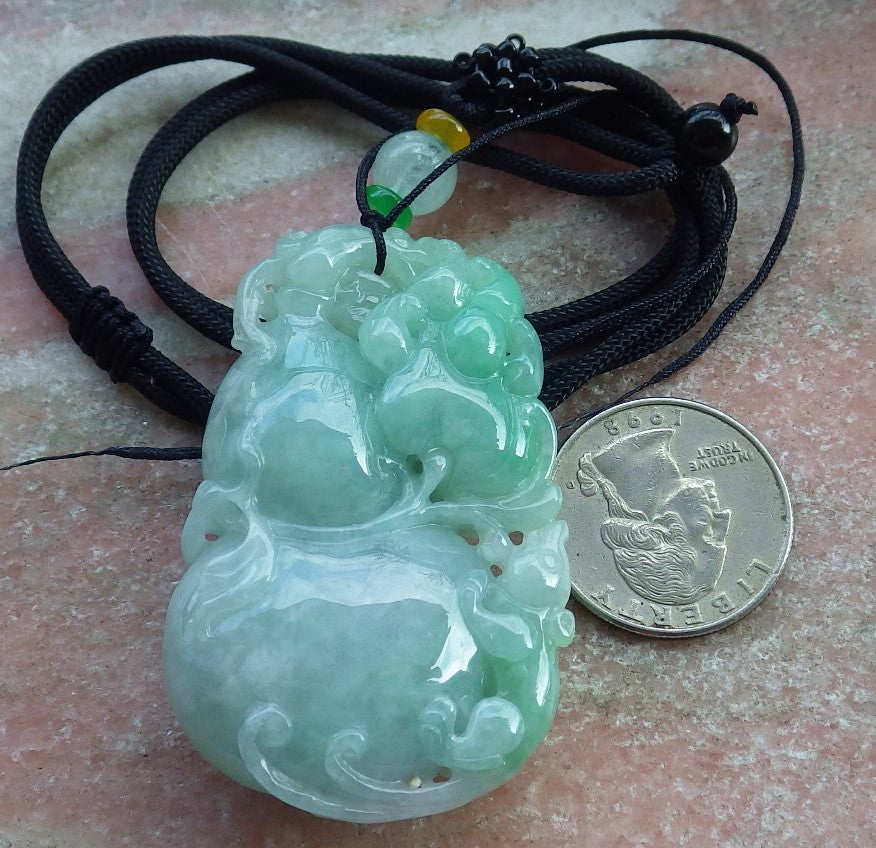 Certified Green Burma 100% Natural A Jade jadeite Pendant Mouse Bat Gourd Necklace 发财鼠 631326 TN