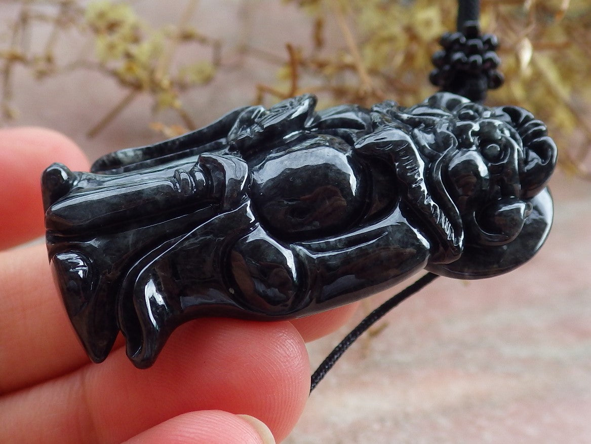 Certified Black Burma 100% Natural A Jade jadeite pendant Zhong Kui God Sword Fan Necklace 钟馗 631507 TN