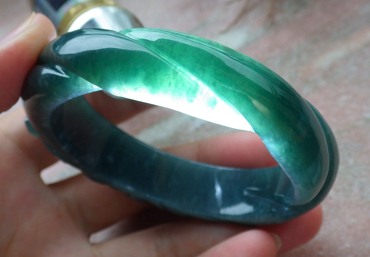 Certified Icy Green Burma 100% Natural A JADE Jadeite Flower Knotted Bangle Bracelet 54 mm 手镯 631565 TN