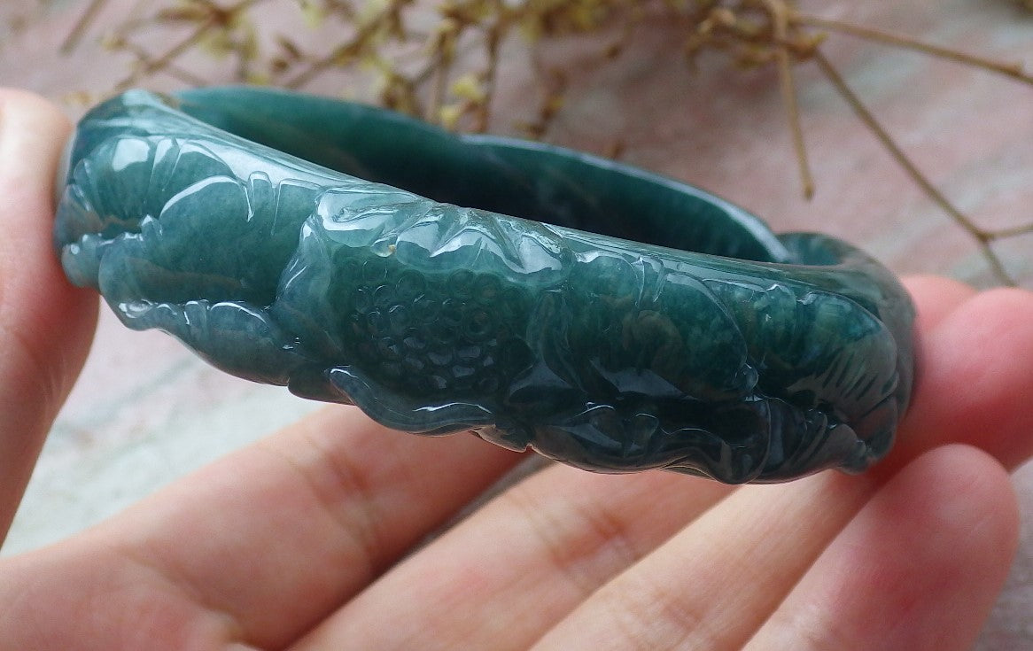 Certified Icy Green Burma 100% Natural A JADE Jadeite Flower Knotted Bangle Bracelet 54 mm 手镯 631565 TN