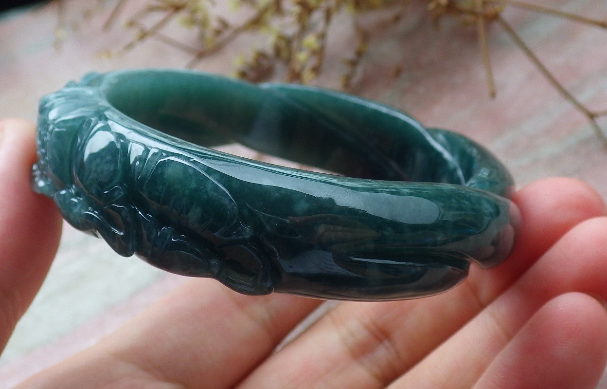 Certified Icy Green Burma 100% Natural A JADE Jadeite Flower Knotted Bangle Bracelet 54 mm 手镯 631565 TN