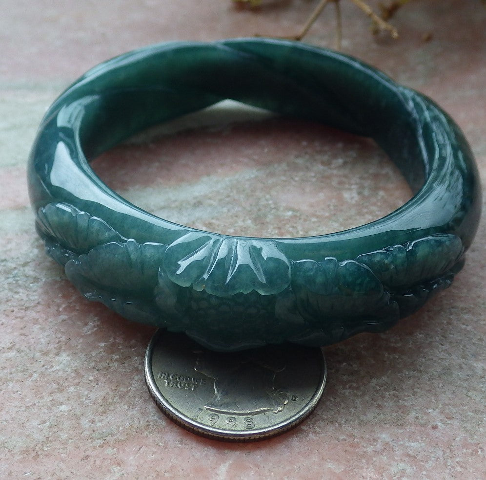 Certified Icy Green Burma 100% Natural A JADE Jadeite Flower Knotted Bangle Bracelet 54 mm 手镯 631565 TN