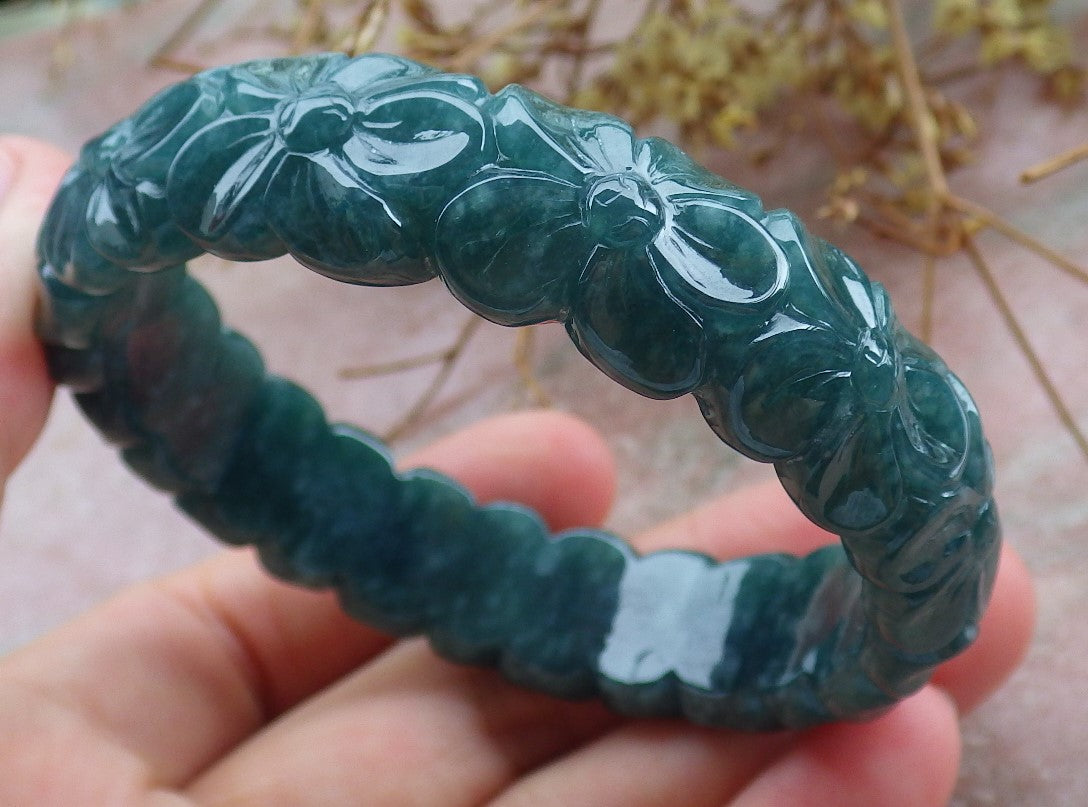 Certified Icy Green Burma 100% Natural A JADE Jadeite Flower Bangle Bracelet 56 mm 手镯 631609 TN