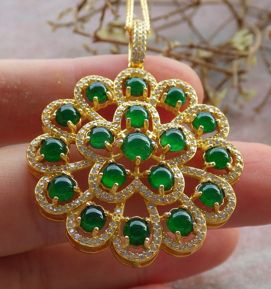Icy Green Silver 925 Certified Burma 100% Natural A JADE Jadeite pendant Cabochon Flower Necklace 花开富贵 634710 TN