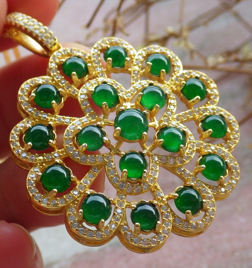 Icy Green Silver 925 Certified Burma 100% Natural A JADE Jadeite pendant Cabochon Flower Necklace 花开富贵 634710 TN