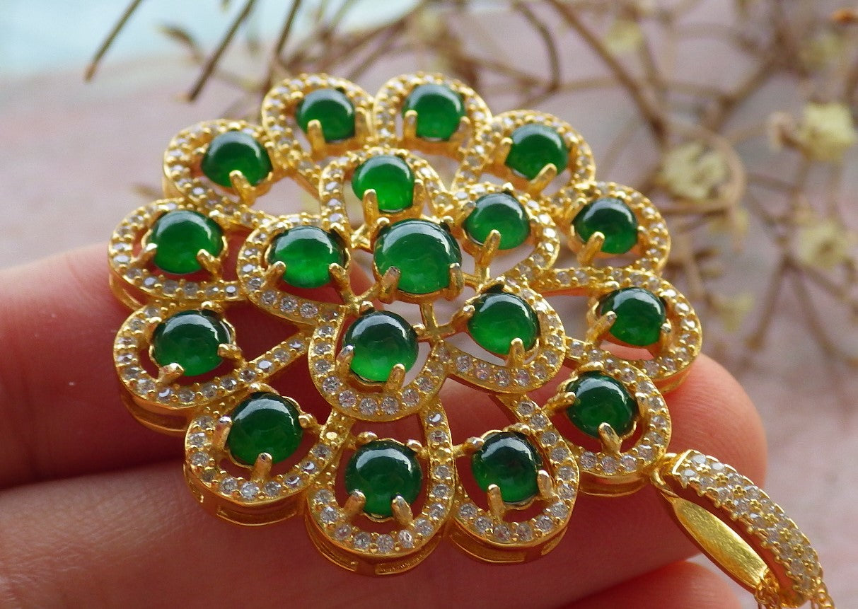 Icy Green Silver 925 Certified Burma 100% Natural A JADE Jadeite pendant Cabochon Flower Necklace 花开富贵 634710 TN