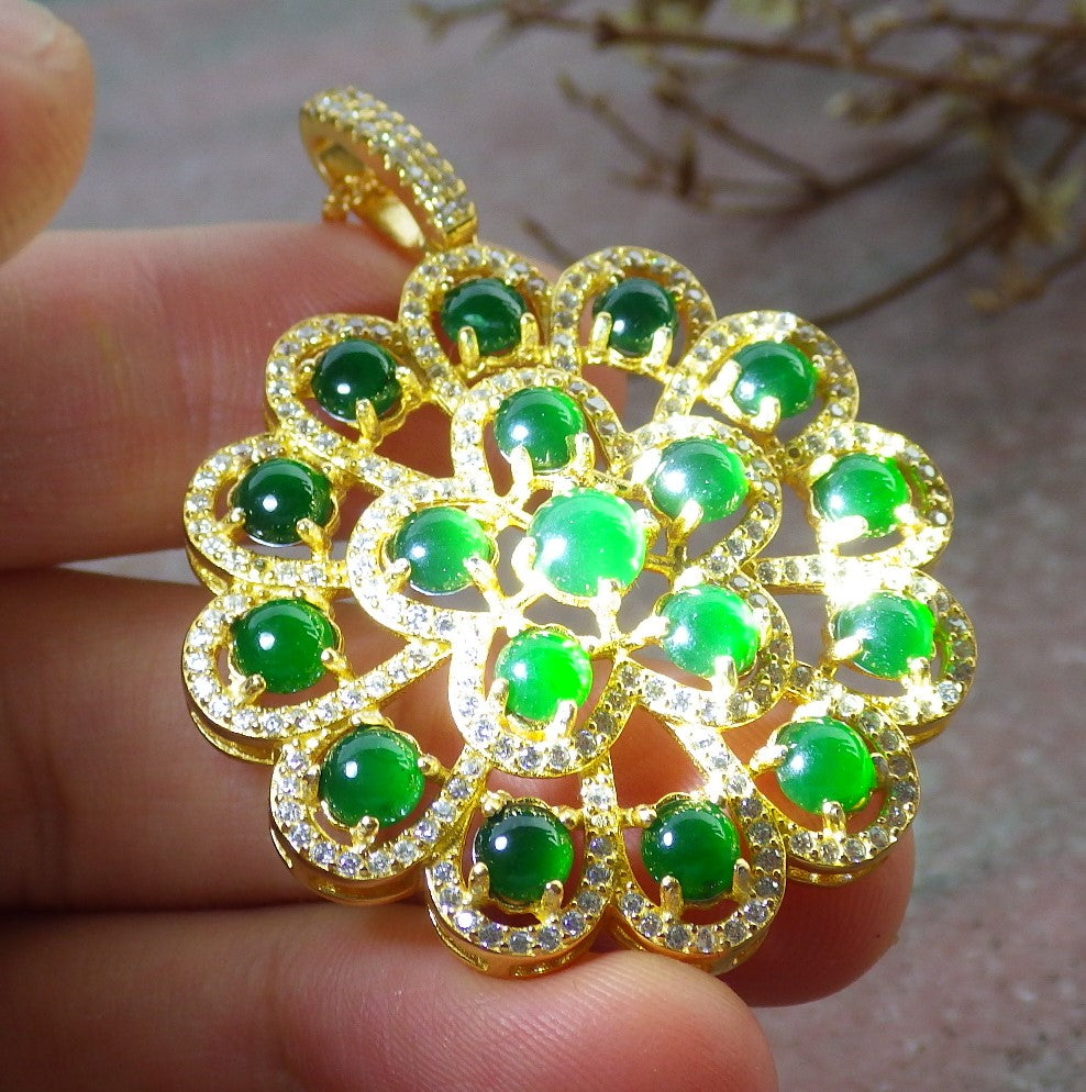 Icy Green Silver 925 Certified Burma 100% Natural A JADE Jadeite pendant Cabochon Flower Necklace 花开富贵 634710 TN