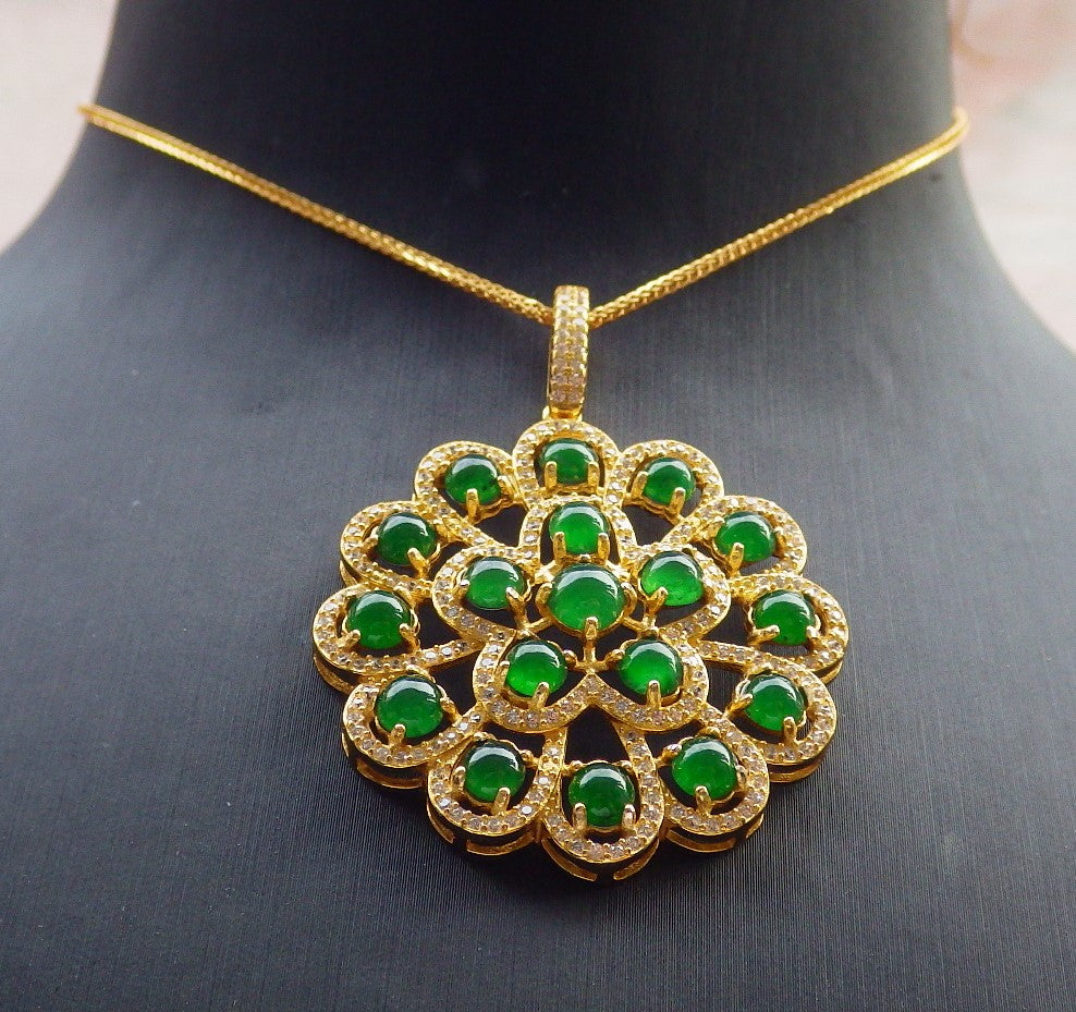 Icy Green Silver 925 Certified Burma 100% Natural A JADE Jadeite pendant Cabochon Flower Necklace 花开富贵 634710 TN