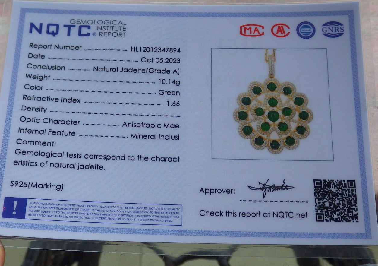 Icy Green Silver 925 Certified Burma 100% Natural A JADE Jadeite pendant Cabochon Flower Necklace 花开富贵 634710 TN