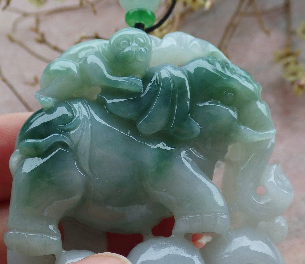 Certified Green Burma 100% Natural A Jade jadeite Pendant Elephant Monkey Coin Necklace 封侯拜相 634754 TN