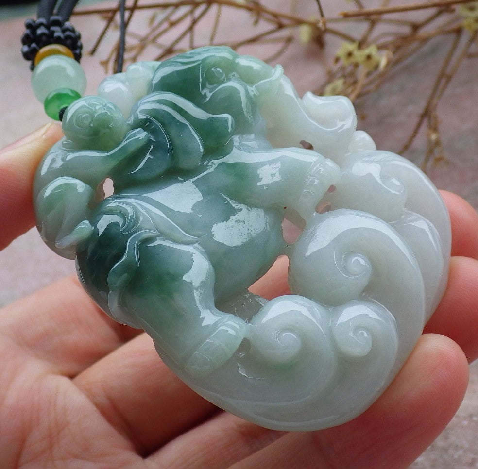 Certified Green Burma 100% Natural A Jade jadeite Pendant Elephant Monkey Coin Necklace 封侯拜相 634754 TN