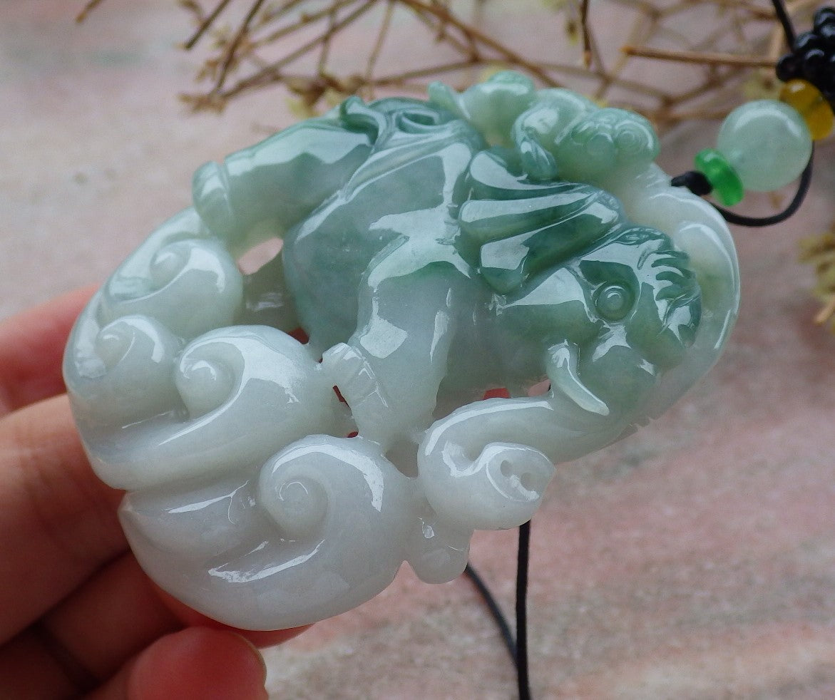 Certified Green Burma 100% Natural A Jade jadeite Pendant Elephant Monkey Coin Necklace 封侯拜相 634754 TN