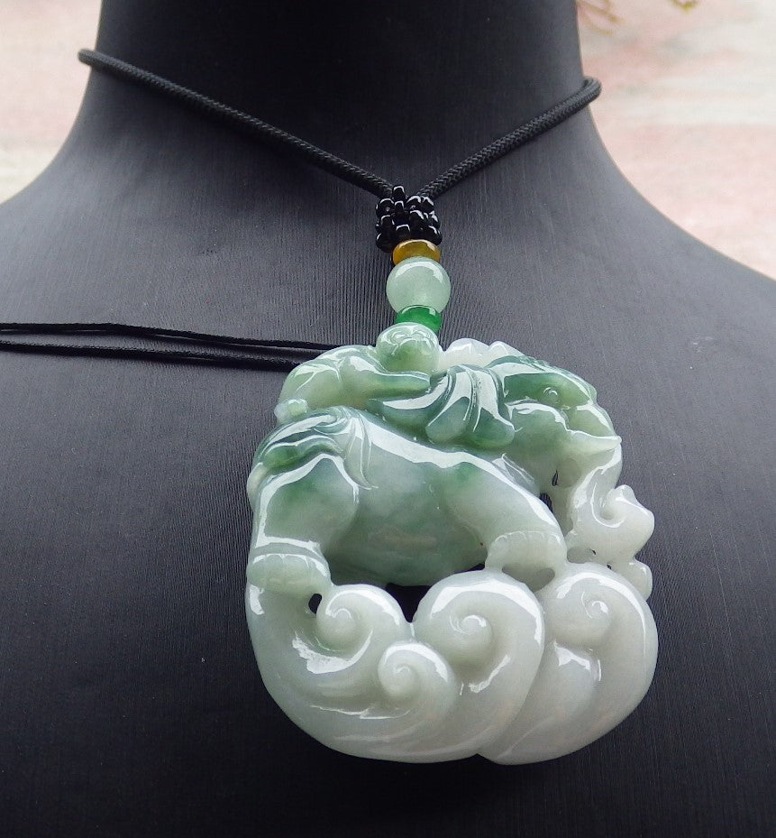 Certified Green Burma 100% Natural A Jade jadeite Pendant Elephant Monkey Coin Necklace 封侯拜相 634754 TN