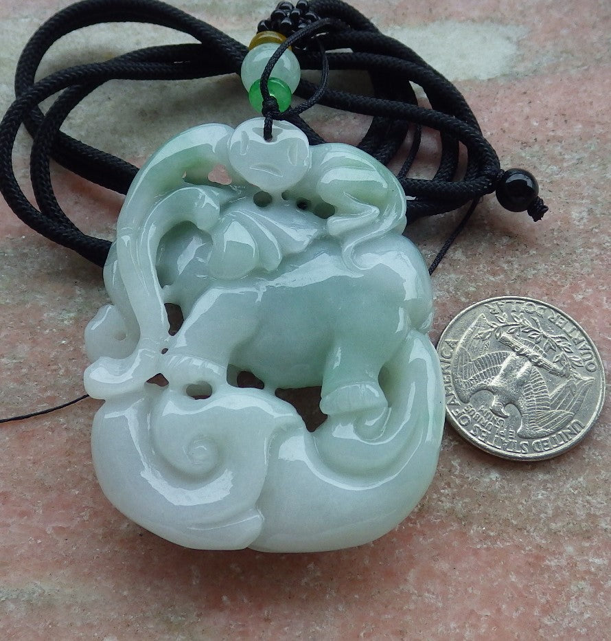 Certified Green Burma 100% Natural A Jade jadeite Pendant Elephant Monkey Coin Necklace 封侯拜相 634754 TN