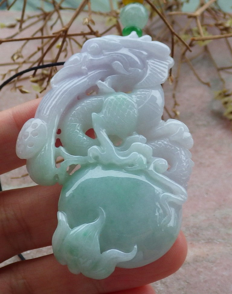 Certified Lavender Green Burma 100% Natural A Jade jadeite Pendant Dragon Money Coin Necklace 生意兴隆 634763 TN