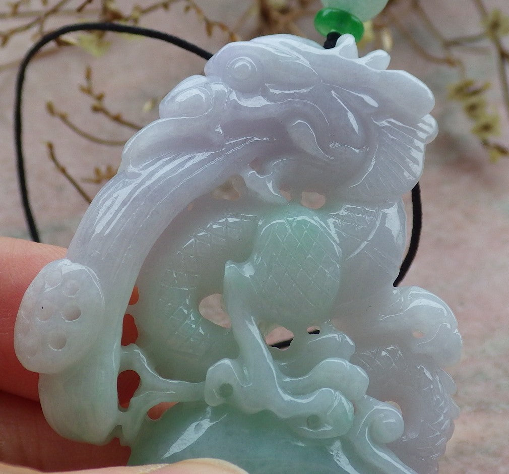 Certified Lavender Green Burma 100% Natural A Jade jadeite Pendant Dragon Money Coin Necklace 生意兴隆 634763 TN