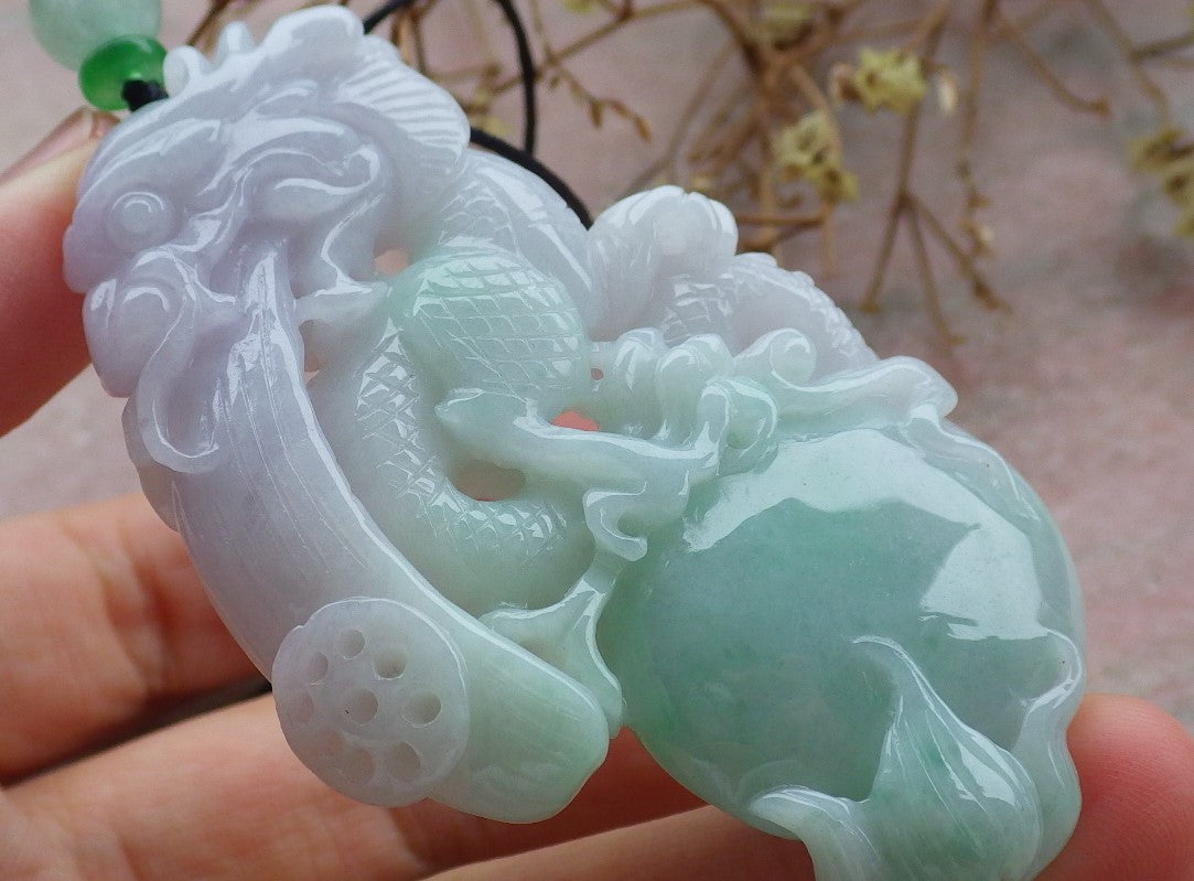 Certified Lavender Green Burma 100% Natural A Jade jadeite Pendant Dragon Money Coin Necklace 生意兴隆 634763 TN