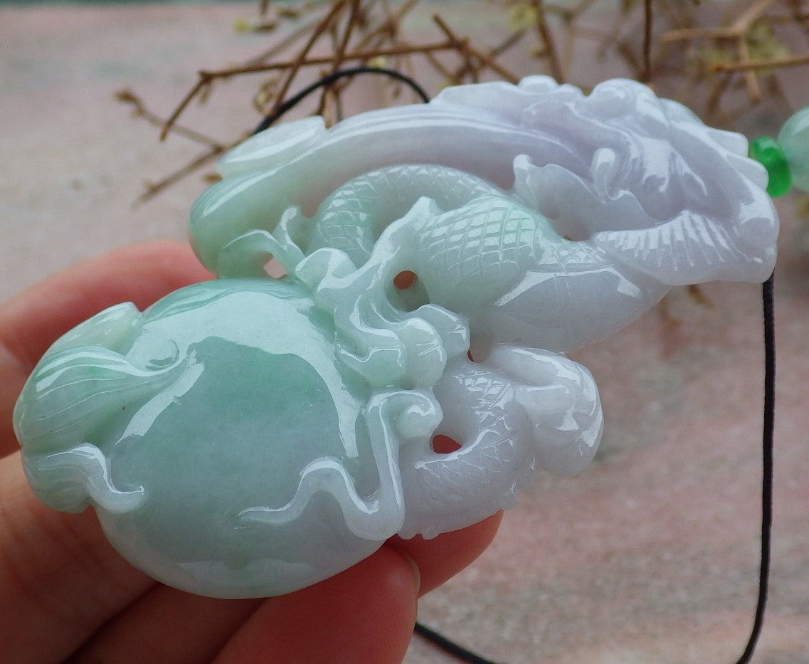 Certified Lavender Green Burma 100% Natural A Jade jadeite Pendant Dragon Money Coin Necklace 生意兴隆 634763 TN